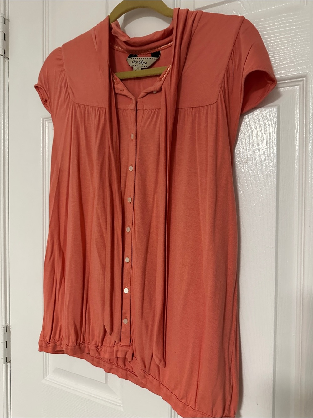 Anthropologie Ric Rac Tie Neck Short Sleeve Blouse, Salmon, Size Large/L
